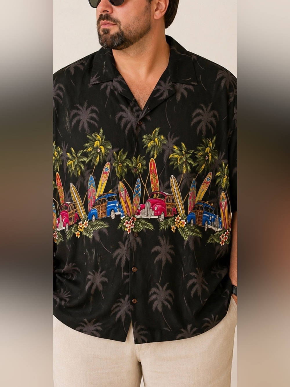 Pacific Legend Hawaiian Shirt Surf Cars Palm Print Black Men’s XL 100% Cotton